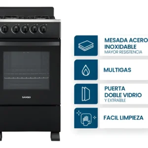 COCINA SANSEI 4 HORN. PLANCHA ACERO 50 CM NEGRA