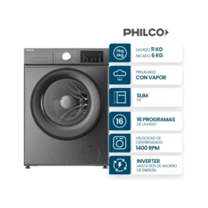 LAVASECARROPAS PHILCO 11 KG Y 6 DE SECADO 1400RPM INVERTER GRIS